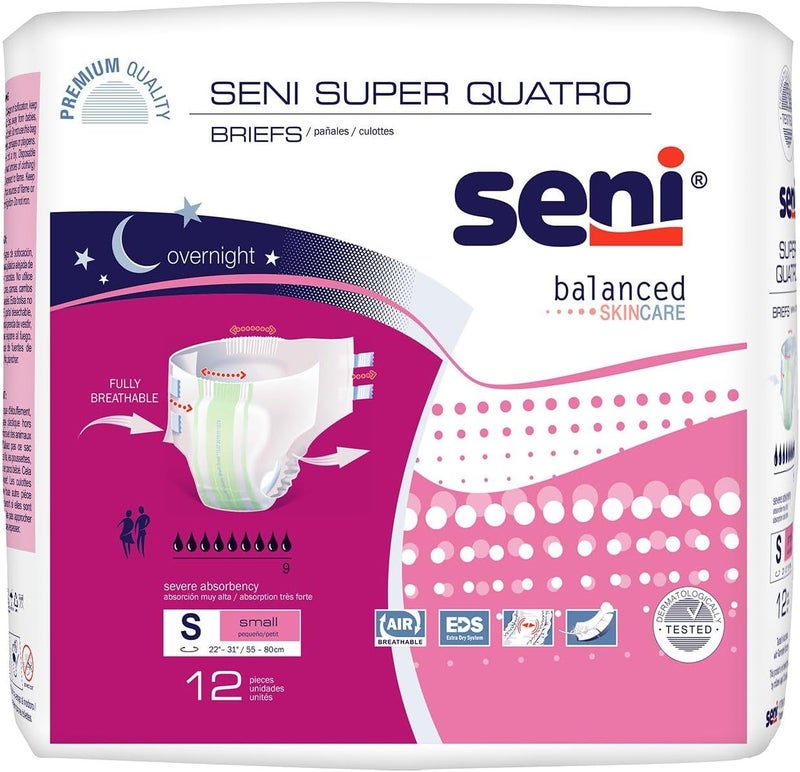 SENI Super Quatro Unisex Adult Incontinence Briefs with Tabs Size Small 2231 12 Count 1 Pack of 12 Severe Absorbency Disposable Overnight Briefs for Men Women - Image 1