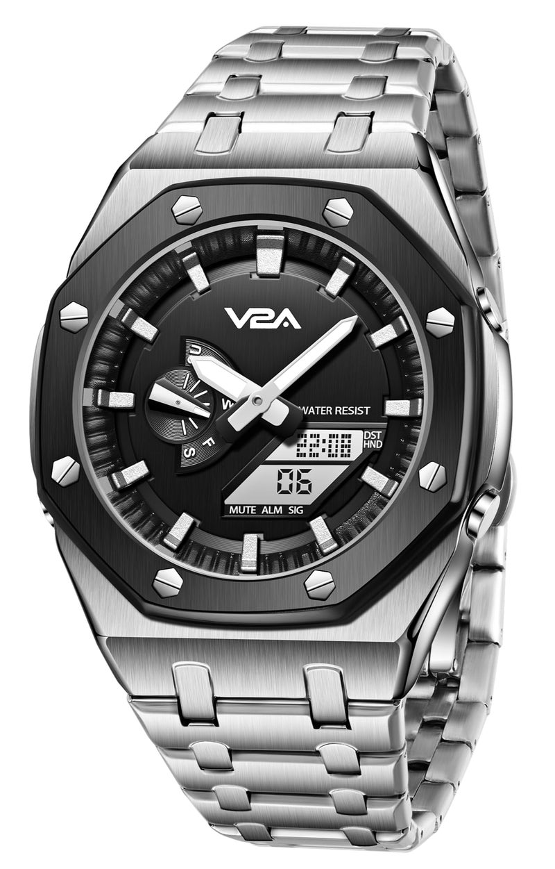 V2A Allure Octagonal Screw Case Analogue-Digital Watch for Men, Silicon Band, 30M Water Resistant, 5 Alarms, World Time, Countdown, Stopwatch Man Watch | Birthday Gift (M-Silver-Black) - Image 2