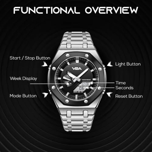 V2A Allure Octagonal Screw Case Analogue-Digital Watch for Men, Silicon Band, 30M Water Resistant, 5 Alarms, World Time, Countdown, Stopwatch Man Watch | Birthday Gift (M-Silver-Black) - Image 4