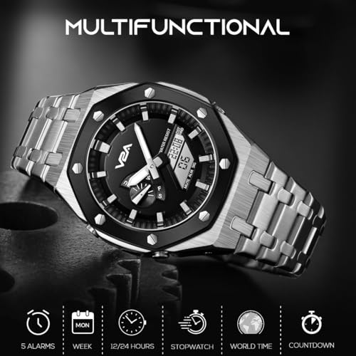 V2A Allure Octagonal Screw Case Analogue-Digital Watch for Men, Silicon Band, 30M Water Resistant, 5 Alarms, World Time, Countdown, Stopwatch Man Watch | Birthday Gift (M-Silver-Black) - Image 3
