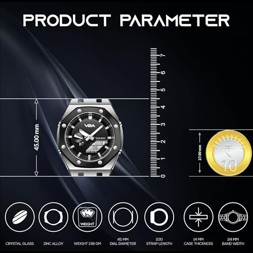 V2A Allure Octagonal Screw Case Analogue-Digital Watch for Men, Silicon Band, 30M Water Resistant, 5 Alarms, World Time, Countdown, Stopwatch Man Watch | Birthday Gift (M-Silver-Black) - Image 5