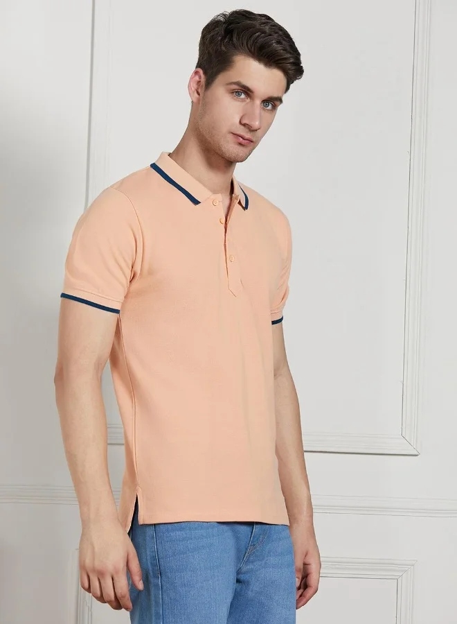 Dennis Lingo Men's Peach 100% Cotton Solid Pattern Regular Fit T-Shirt