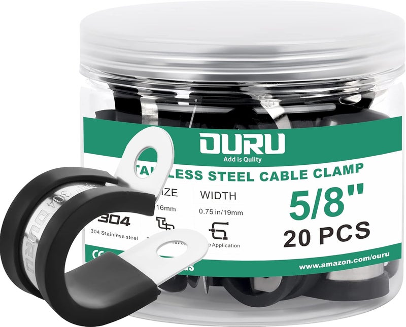 ORU 20pcs 5/8 Inch Stainless Steel Cable Clamps,Rubber Coated Cushioned Insulated Cable Clamp,Automotive Cable Wire Clamps,Pipe Clamps,Metal Clamp for Tube,Lines,Wire Cord Installation(Black,16mm) - Image 1