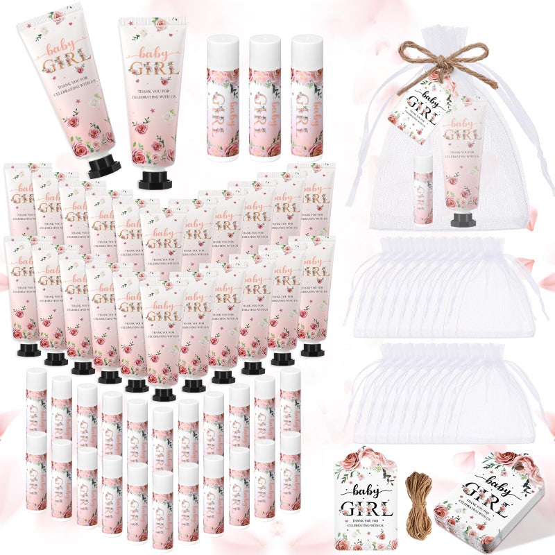 Swiffen 48 Sets 192 Pcs Baby Shower Gifts for Guests Include 48 Hand Cream and 48 Lip Balm Bulk Baby Girl Bridal Shower Party Favors Wedding Thank You Gift for Guests with Card Organza Bag Travel Size