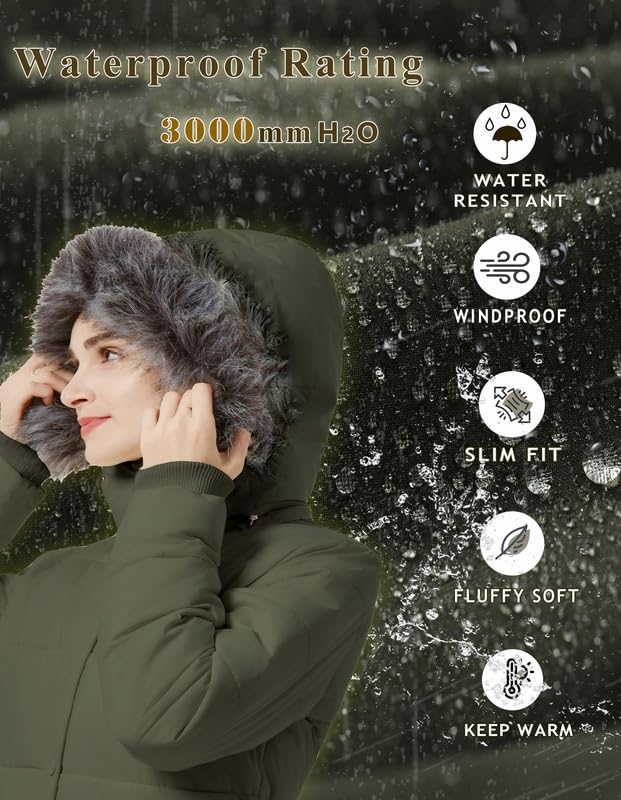 GGleaf Winter Coats for Women Hooded Warm Long Puffer Parka Jacket with Fur Hood Army Green X-Large - Image 3