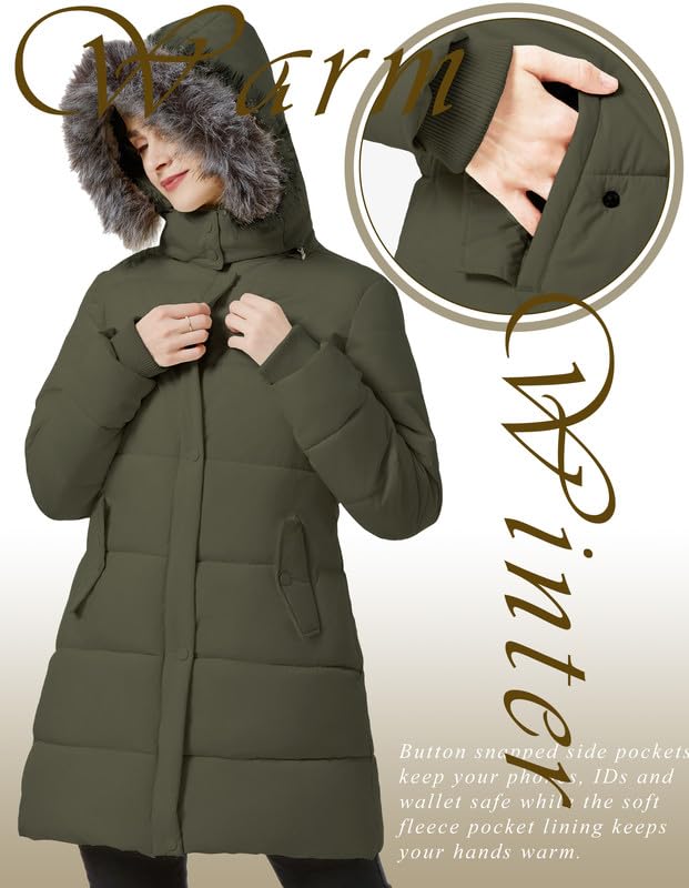GGleaf Winter Coats for Women Hooded Warm Long Puffer Parka Jacket with Fur Hood Army Green X-Large - Image 4