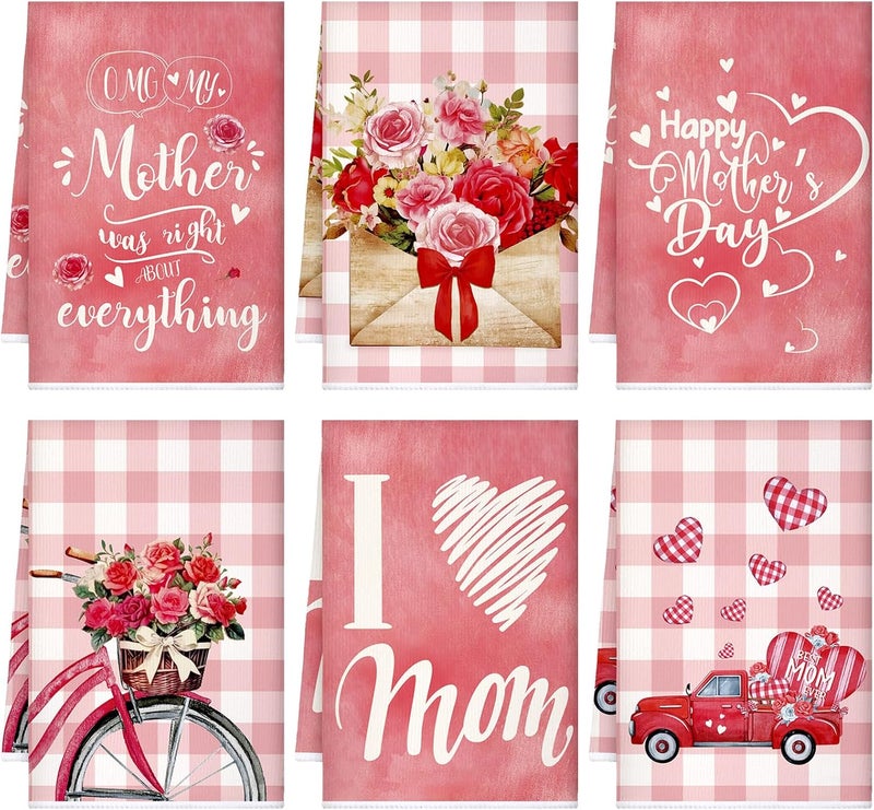 Sratte منشفة مطبخ 6 قطع لعيد الأم - مناشف تجفيف قماش شاي مزخرفة مضحكة لمنزل الحمام هدايا عيد الأم من الابنة أو الابن 24 × 16 بوصة - Image 1