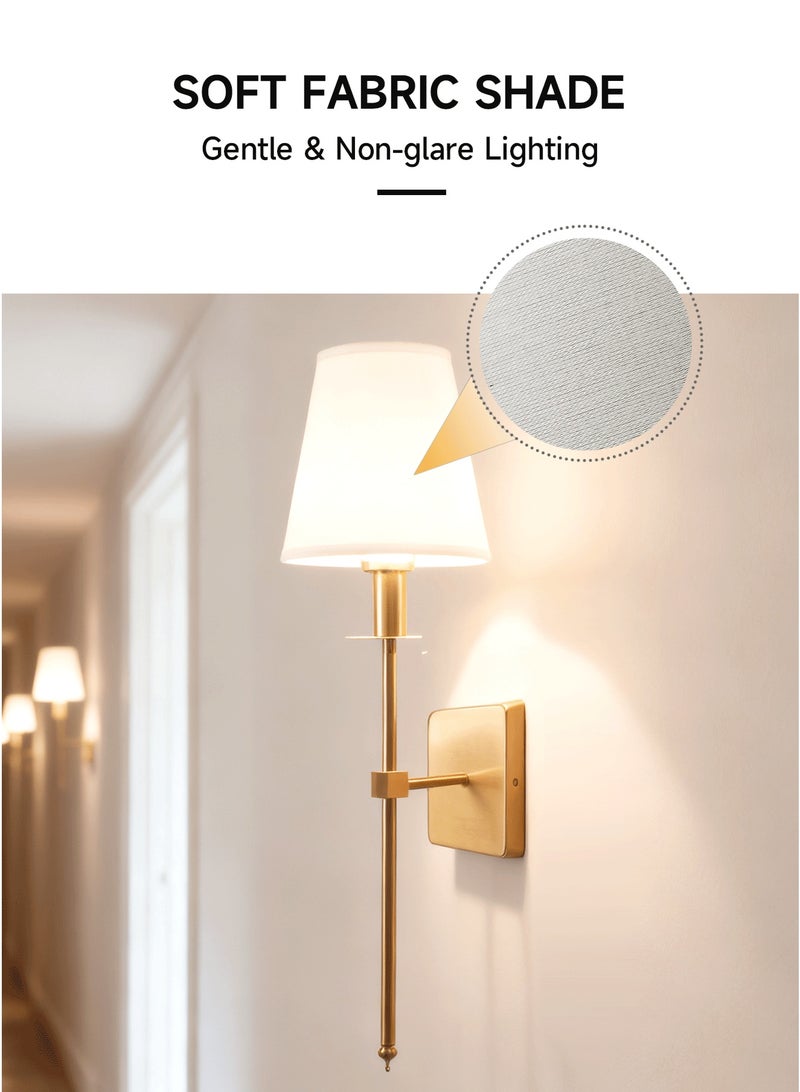 الواحة الذهبية  طقم مكون من قطعتين مصابيح حائط صناعية رفيعة قديمة الطراز مع غطاء قماشي، قاعدة لمبة E26/E27، مصابيح حائط مثبتة على الحائط للمرايا، الممر، المطبخ، غرفة النوم، غرفة المعيشة، الحمام (المصابيح غير مشمولة) - Image 2