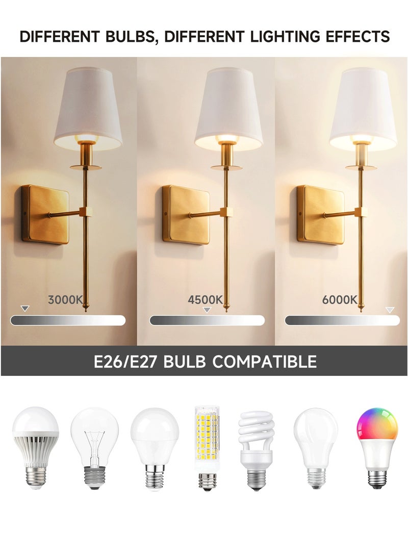 الواحة الذهبية  طقم مكون من قطعتين مصابيح حائط صناعية رفيعة قديمة الطراز مع غطاء قماشي، قاعدة لمبة E26/E27، مصابيح حائط مثبتة على الحائط للمرايا، الممر، المطبخ، غرفة النوم، غرفة المعيشة، الحمام (المصابيح غير مشمولة) - Image 4