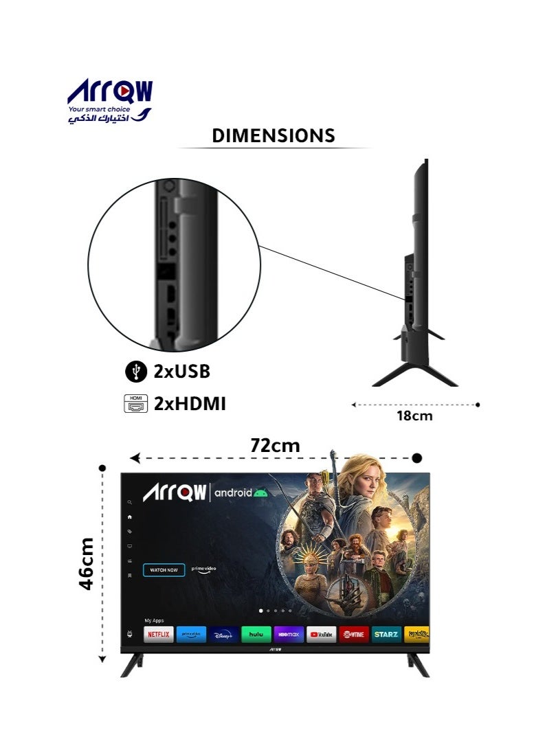 آركيو تلفزيون ذكي بنظام أندرويد اتش دي ريدي مقاس 32 بوصة، تصميم بدون إطار، خاصية ميرور كاست واي شير، منفذ اتش دي ام اي و يو اس بي وايفاي ونتفليكس ويوتيوب | اسم الموديل: RO-32LPS - Image 2