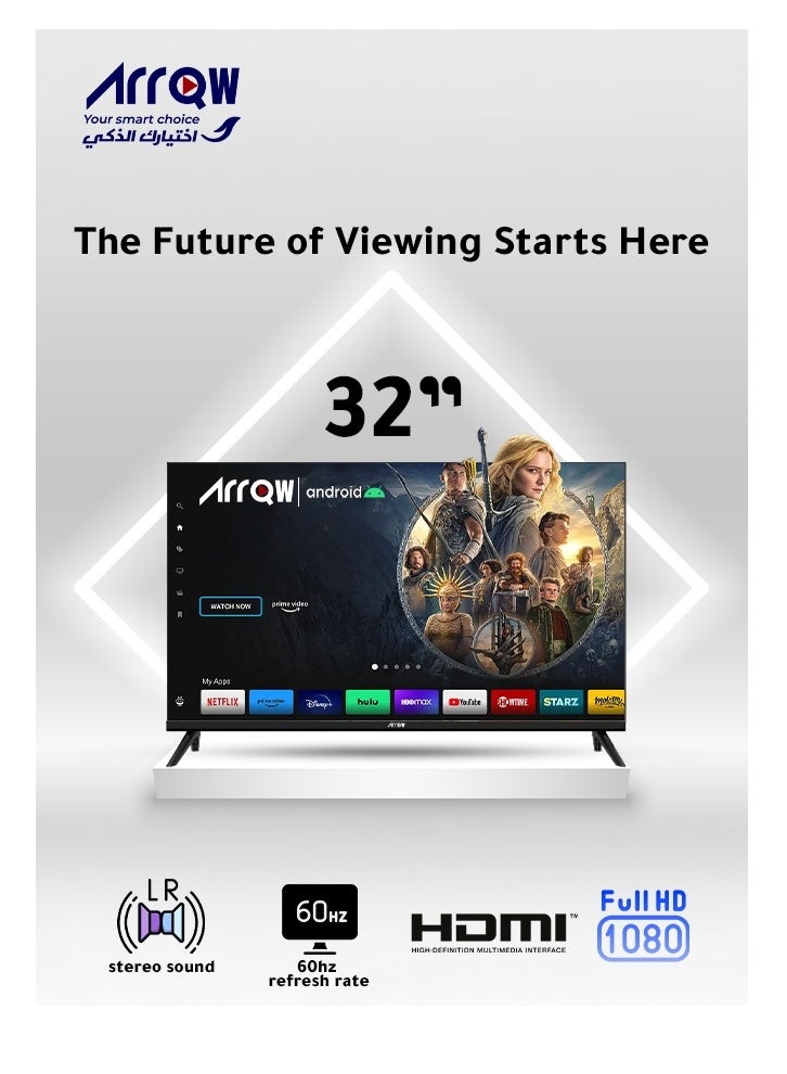 آركيو تلفزيون ذكي بنظام أندرويد اتش دي ريدي مقاس 32 بوصة، تصميم بدون إطار، خاصية ميرور كاست واي شير، منفذ اتش دي ام اي و يو اس بي وايفاي ونتفليكس ويوتيوب | اسم الموديل: RO-32LPS - Image 1