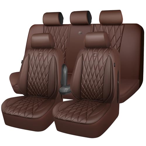 CAR PASS Piping Luxury Faux Leather Seat Covers Full Set, 5 Seats Anti-Slip Waterproof Seat Covers Compatible with Front Armrests, Universal Fit for Suvs,Vans,Trucks,Airbag Compatible, Pure Brown