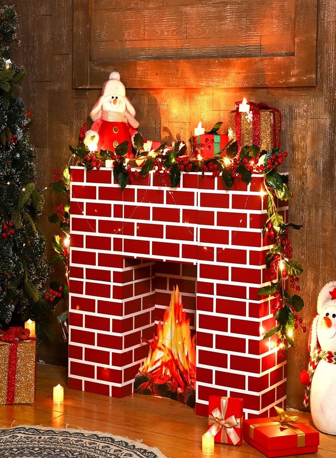 Weekgrat 15 Pcs Christmas Cardboard Fireplace Prop Set Cardboard Fireplace with Fake Fire Fake Flame Card Board Blocks for Christmas Home Party Decorations(Red Brick) - Image 1