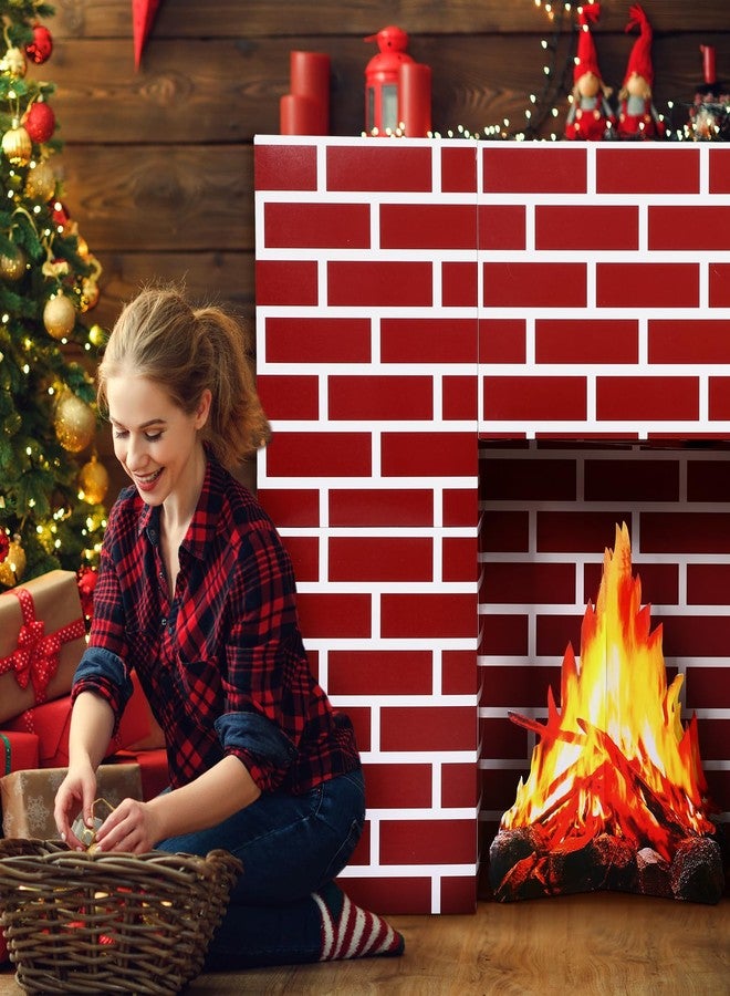 Weekgrat 15 Pcs Christmas Cardboard Fireplace Prop Set Cardboard Fireplace with Fake Fire Fake Flame Card Board Blocks for Christmas Home Party Decorations(Red Brick) - Image 5
