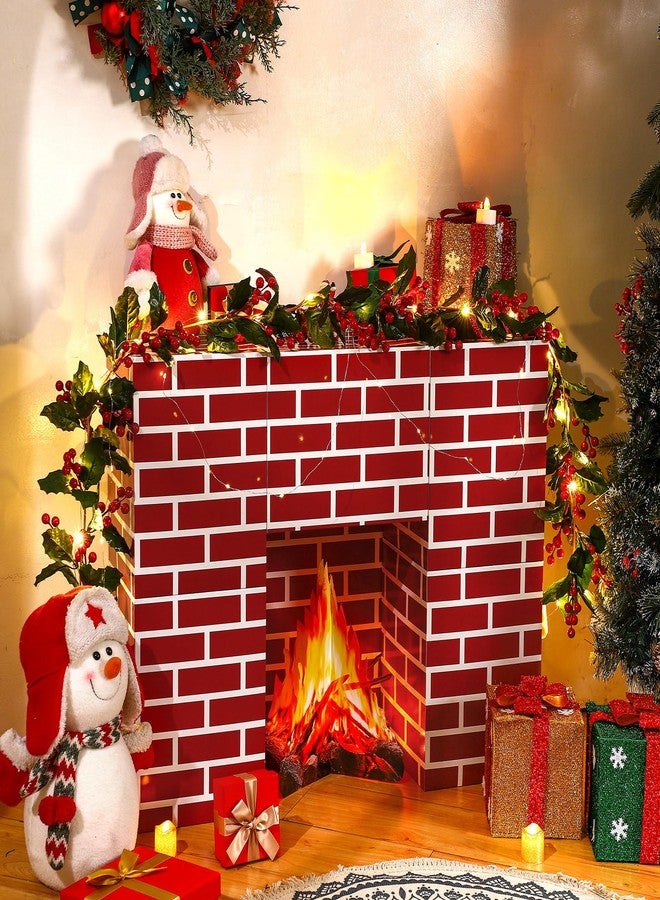 Weekgrat 15 Pcs Christmas Cardboard Fireplace Prop Set Cardboard Fireplace with Fake Fire Fake Flame Card Board Blocks for Christmas Home Party Decorations(Red Brick) - Image 2