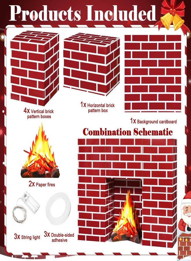Weekgrat 15 Pcs Christmas Cardboard Fireplace Prop Set Cardboard Fireplace with Fake Fire Fake Flame Card Board Blocks for Christmas Home Party Decorations(Red Brick) - Image 3