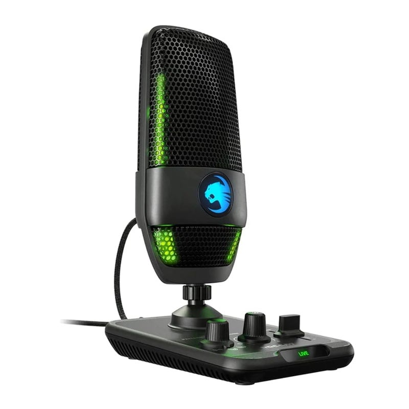 ROCCAT ميكروفون ROCCAT Torch USB، صوت بجودة استوديو، ميكروفون سلكي لألعاب الكمبيوتر، إضاءة RGB AIMO مع مؤشر، للبث، التسجيل، البودكاست، كتم سريع، متوافق مع ذراع الرفع، أسود - Image 3