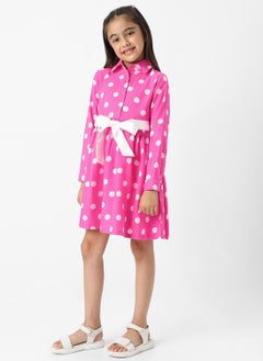 Nautinati Nautinati Girls’ Polka Printed Shirt Dress with Satin Tie-up  - Image 2