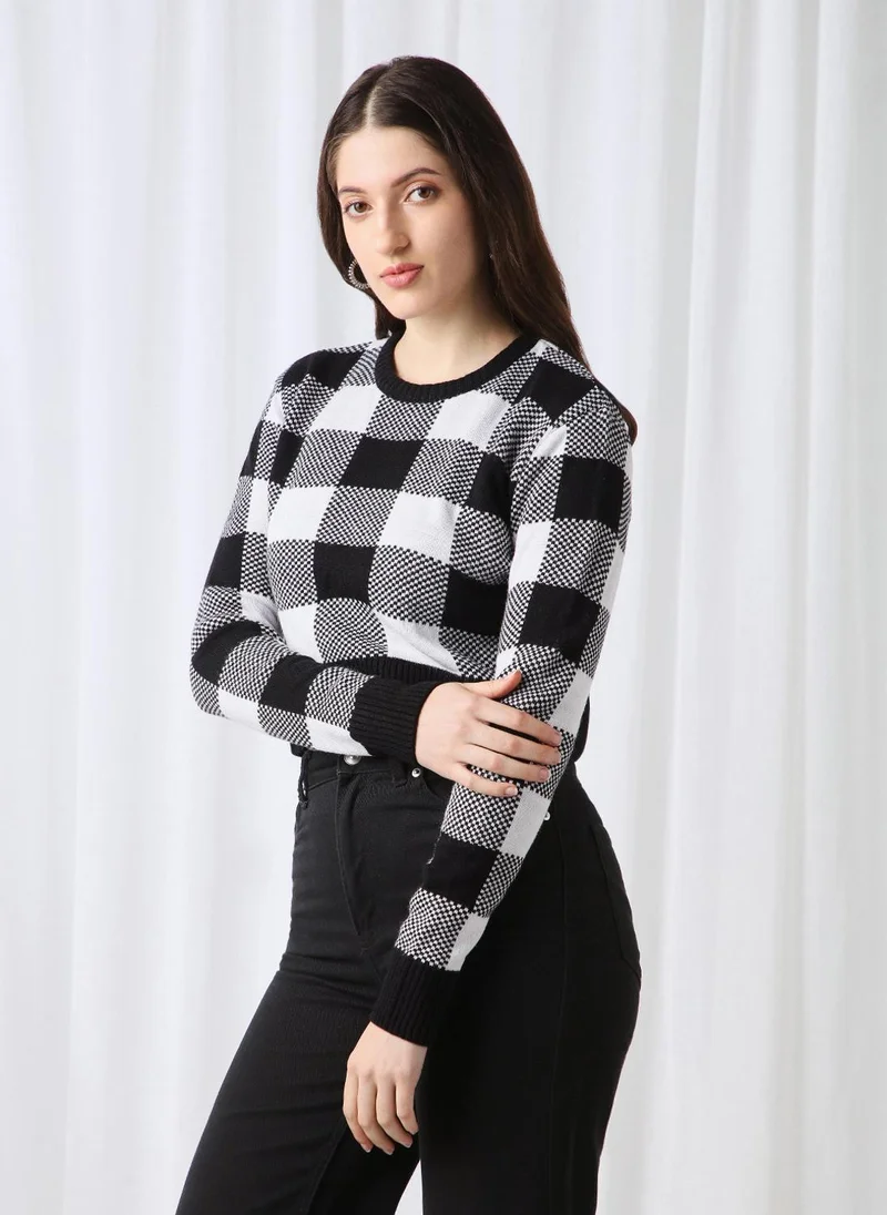 جلو باص كنزة نسائية قصيرة كاروهات بياقة مستديرة وأكمام طويلة من الأكريليك