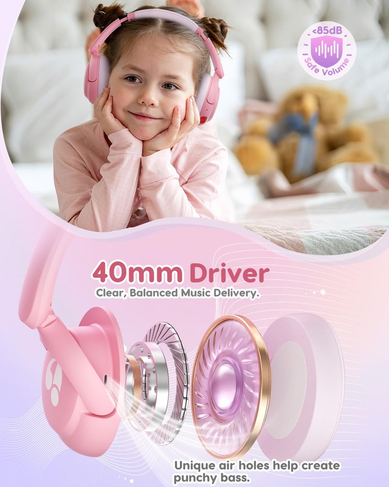 awatrue Kids Bluetooth Headphones, 85dB Volume Limiter, Foldable Wireless Over-Ear Headphones for iPad, Travel, 75H Playtime, Bluetooth 5.4, Built-in Mic, Pink - Image 2