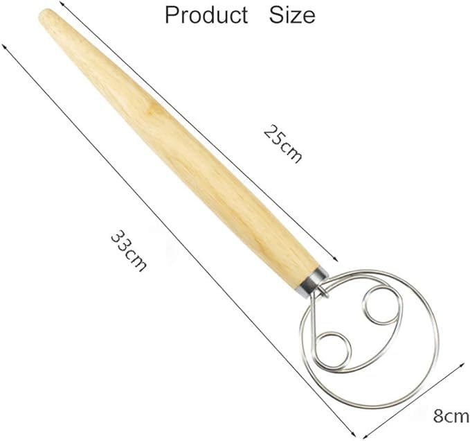 ONTRIP FRUITZY Danish Dough Whisk Doublelapped 13 Inch Steel Mixer with Wooden Handle Perfect for Bread Pizza Cake and Biscuits Dough Whisk for Sourdough Baking and Mixing - Image 2