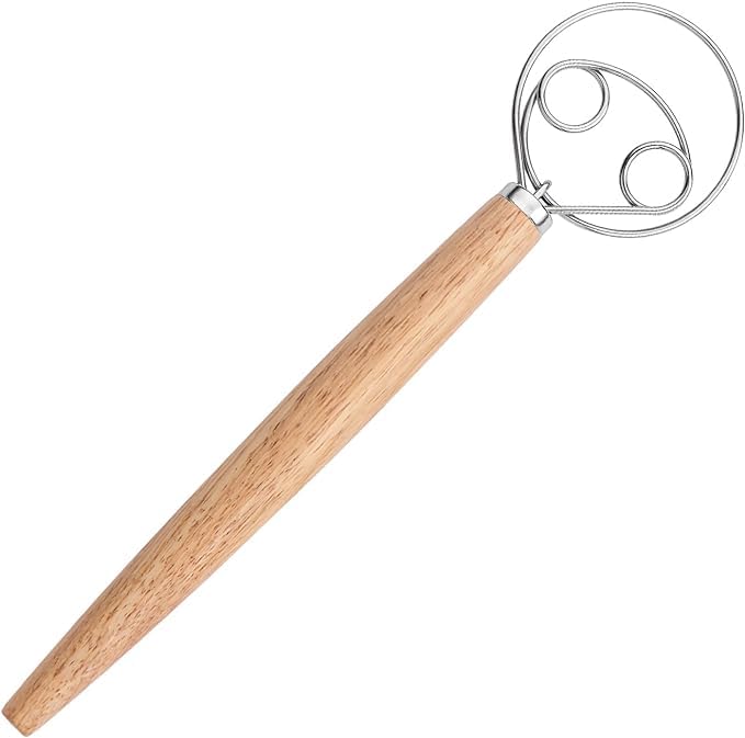 ONTRIP FRUITZY Danish Dough Whisk Doublelapped 13 Inch Steel Mixer with Wooden Handle Perfect for Bread Pizza Cake and Biscuits Dough Whisk for Sourdough Baking and Mixing - Image 1