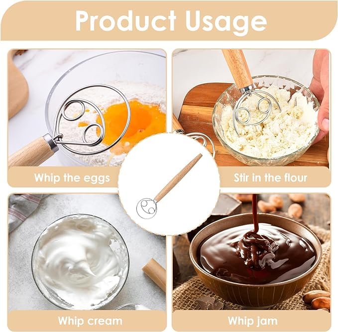 ONTRIP FRUITZY Danish Dough Whisk Doublelapped 13 Inch Steel Mixer with Wooden Handle Perfect for Bread Pizza Cake and Biscuits Dough Whisk for Sourdough Baking and Mixing - Image 3
