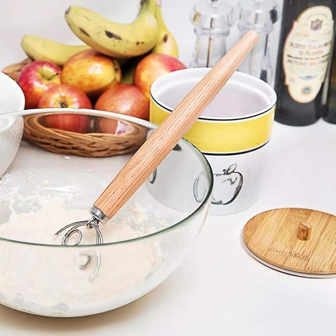 ONTRIP FRUITZY Danish Dough Whisk Doublelapped 13 Inch Steel Mixer with Wooden Handle Perfect for Bread Pizza Cake and Biscuits Dough Whisk for Sourdough Baking and Mixing - Image 5