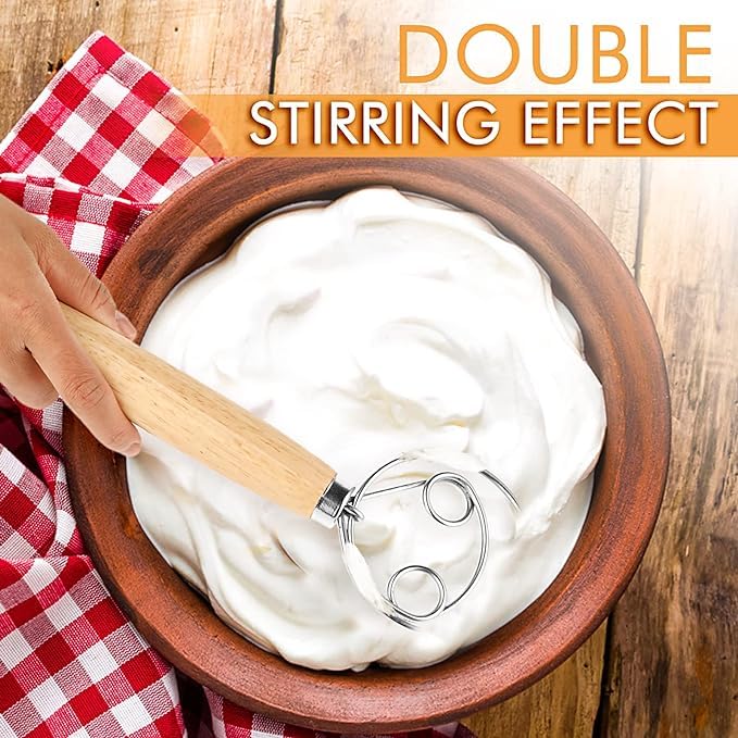 ONTRIP FRUITZY Danish Dough Whisk Doublelapped 13 Inch Steel Mixer with Wooden Handle Perfect for Bread Pizza Cake and Biscuits Dough Whisk for Sourdough Baking and Mixing - Image 4
