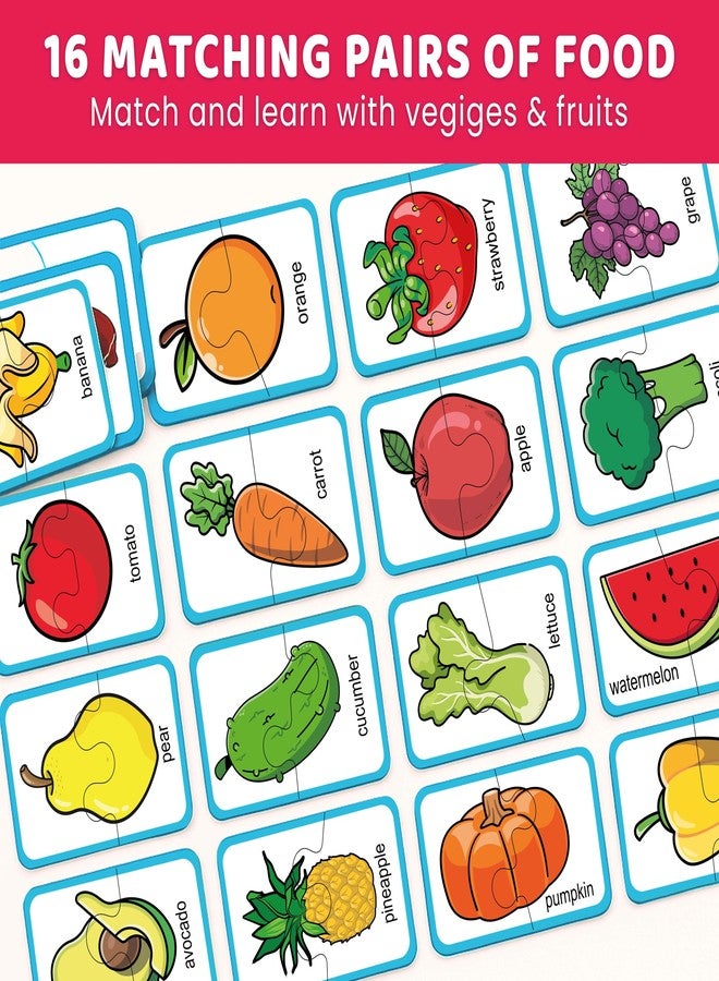 QUOKKA Toddler Puzzles Ages 2-4 – 100% Self-Correcting 16 Matching Pairs of Fruits Veggies – Educational Toddler Puzzles Ages 1-3 with 32 Pieces - Memory Matching Games for 3-5 Years Old Boys & Girls - Image 2