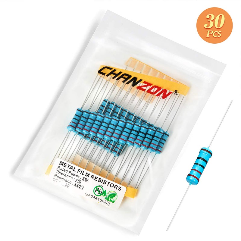 CHANZON 30 قطعة 2 واط 220 Ω أوم مقاومة فيلم معدني ثابت 0.01 ±1% تحمل 220R MF مقاومات ثقب مرور معتمدة من روهس - Image 5