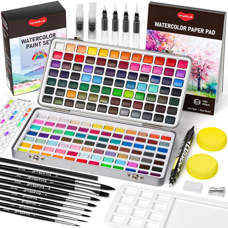 Smallbudi Watercolor Paint Set 168 Colors Including Metallic Watercolor Kit with Case Watercolor Paper Paint Brushes Palette and Accessories Water Color Art Supplies Gift for Adults Kids Artists