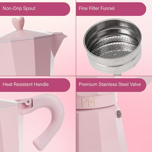 Paris Hilton Stovetop Espresso and Coffee Maker, Italian & Cuban Style Coffee Pot with Iconic Heart Knob, Perfect for Rich Aromatic Espresso, Makes up to 6 Espresso Cups, Pink - Image 4