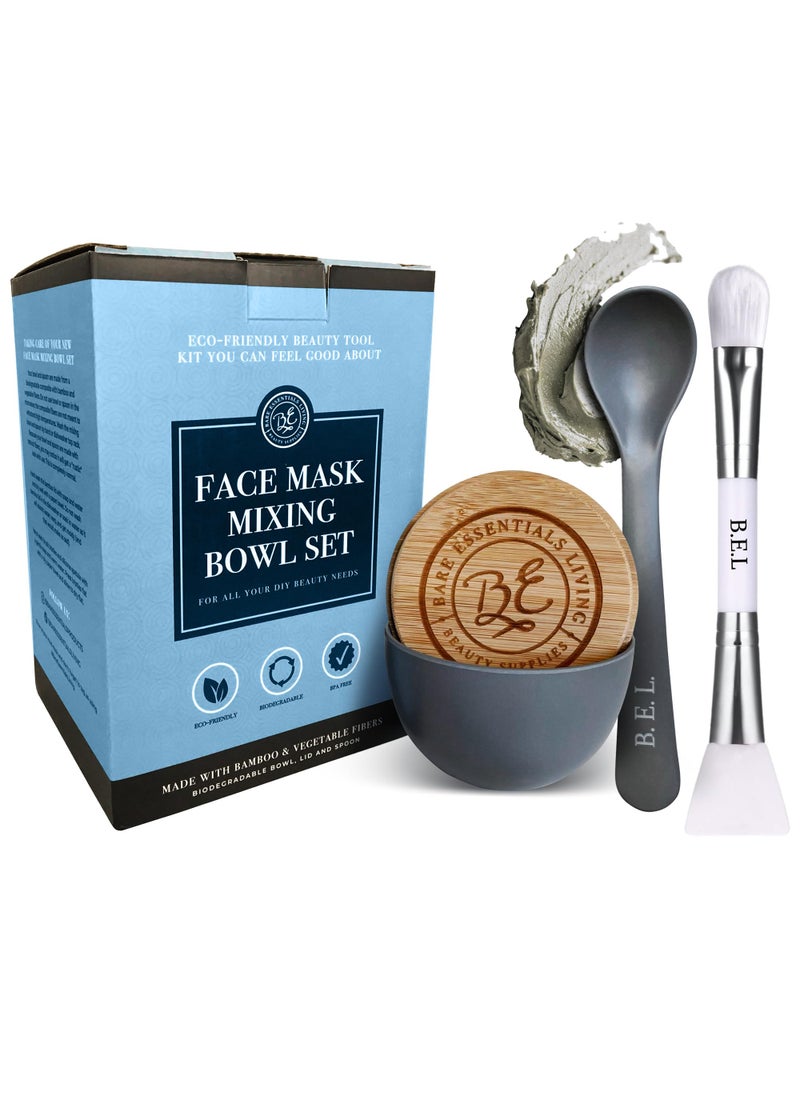 Bare Essentials Living - Bare Essentials Living - Clay Face Mask Mixing Bowl Set, Skin Care Kit Facial Bowls with Bamboo Lid, Face Mask Spoon, & Dual Sided Face Mask Brush Applicator for DIY Clay Mask, Facials & Hair (Grey) - Image 1