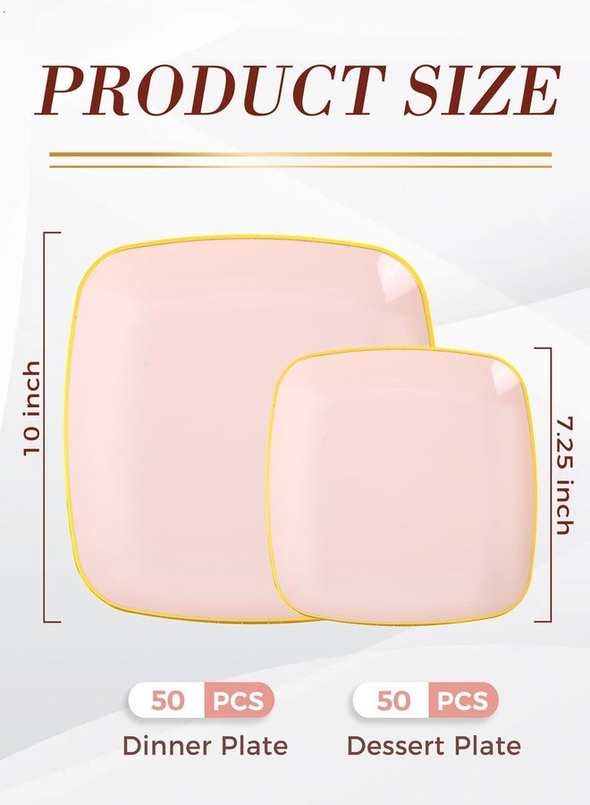 bUCLA 100PCS Pink Plastic Plates - Heavy Duty Square Pink and Gold Disposable - Include 50 Dinner 10 inch & 50 Dessert 7.25 inch Plates for Party & Weeding - Image 3