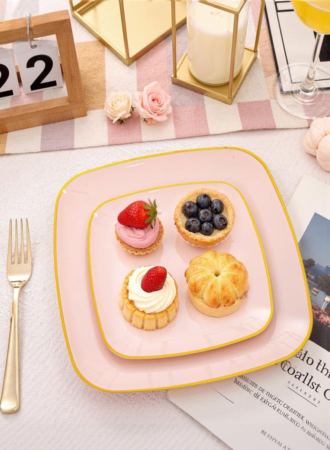bUCLA 100PCS Pink Plastic Plates - Heavy Duty Square Pink and Gold Disposable - Include 50 Dinner 10 inch & 50 Dessert 7.25 inch Plates for Party & Weeding - Image 5