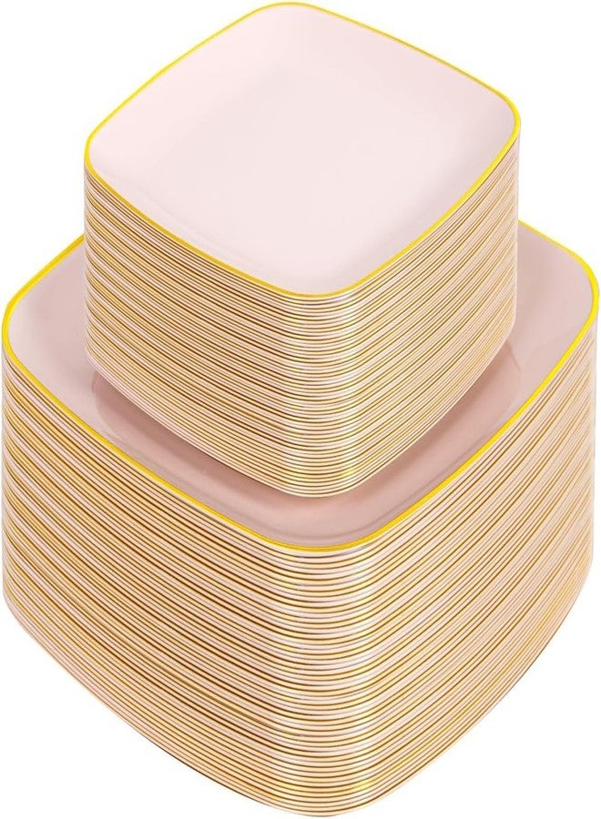 bUCLA 100PCS Pink Plastic Plates - Heavy Duty Square Pink and Gold Disposable - Include 50 Dinner 10 inch & 50 Dessert 7.25 inch Plates for Party & Weeding - Image 1