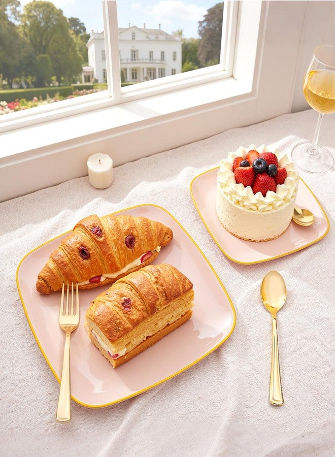 bUCLA 100PCS Pink Plastic Plates - Heavy Duty Square Pink and Gold Disposable - Include 50 Dinner 10 inch & 50 Dessert 7.25 inch Plates for Party & Weeding - Image 2
