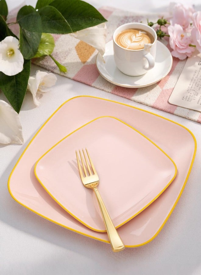 bUCLA 100PCS Pink Plastic Plates - Heavy Duty Square Pink and Gold Disposable - Include 50 Dinner 10 inch & 50 Dessert 7.25 inch Plates for Party & Weeding - Image 4