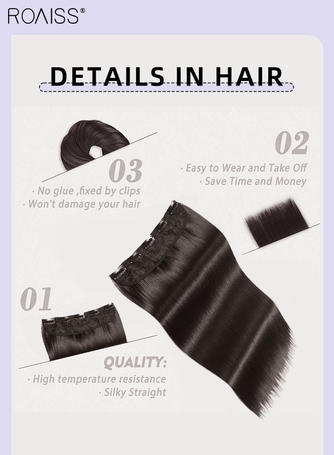 رويس وصلة إطالة شعر مع 5 مشابك، وصلات شعر صناعية مستقيمة منفوشة غير مرئية قابلة للتعديل ومقاومة للحرارة لزيادة الطول والحجم فورًا للفتيات والنساء، أسود بني، 56 سم (22 بوصة) - Image 4