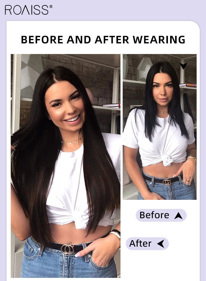 رويس وصلة إطالة شعر مع 5 مشابك، وصلات شعر صناعية مستقيمة منفوشة غير مرئية قابلة للتعديل ومقاومة للحرارة لزيادة الطول والحجم فورًا للفتيات والنساء، أسود بني، 56 سم (22 بوصة) - Image 2