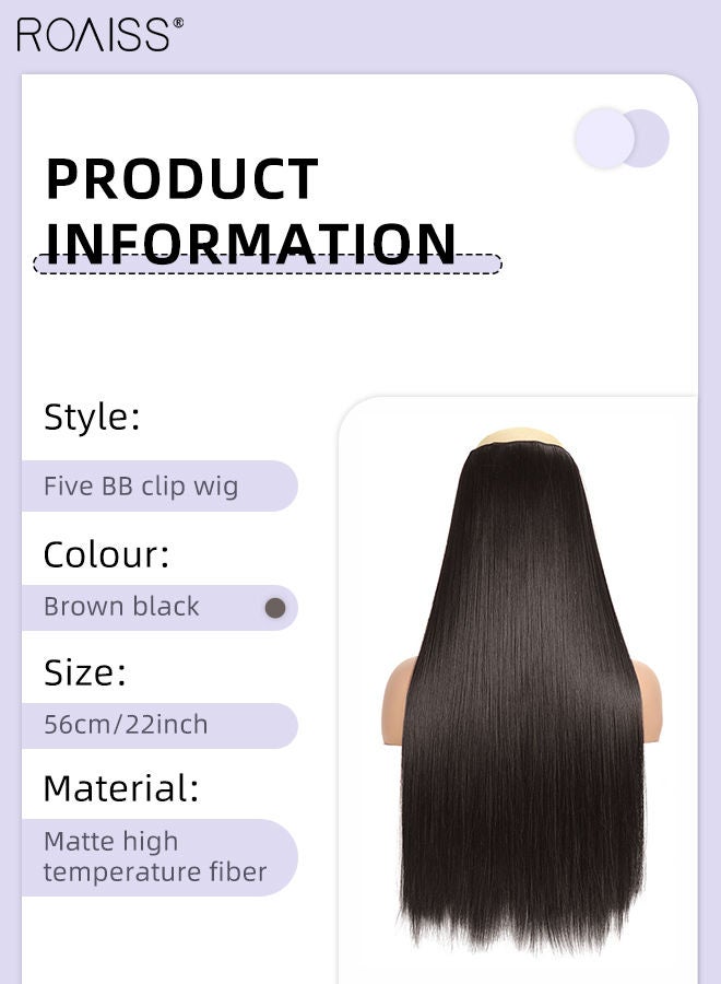 رويس وصلة إطالة شعر مع 5 مشابك، وصلات شعر صناعية مستقيمة منفوشة غير مرئية قابلة للتعديل ومقاومة للحرارة لزيادة الطول والحجم فورًا للفتيات والنساء، أسود بني، 56 سم (22 بوصة) - Image 3