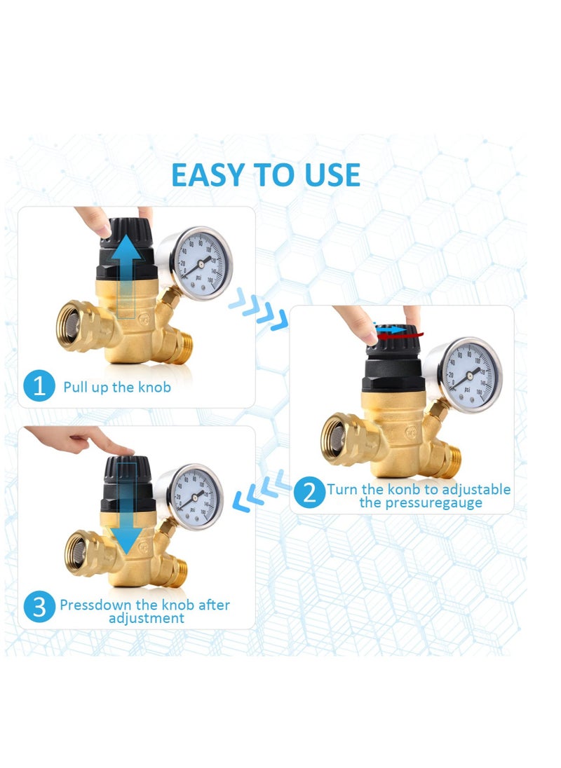 Excefore - Adjustable Handle RV Water Pressure Regulator, Upgraded Brass Lead-Free RV Water Pressure Regulator, with Gauge and 2 Inlet Screened Filters, Fit for RV Camper Travel Trailer - Image 1