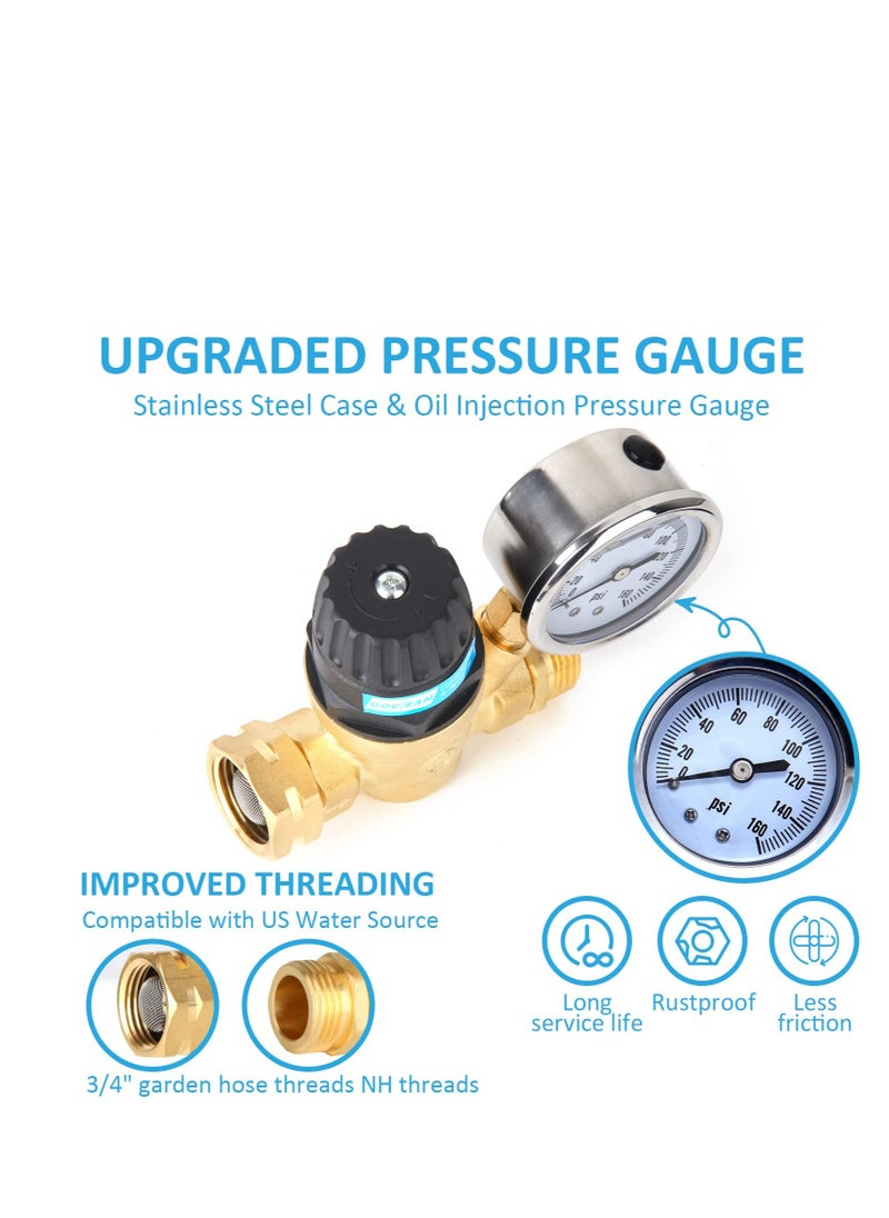 Excefore - Adjustable Handle RV Water Pressure Regulator, Upgraded Brass Lead-Free RV Water Pressure Regulator, with Gauge and 2 Inlet Screened Filters, Fit for RV Camper Travel Trailer - Image 1