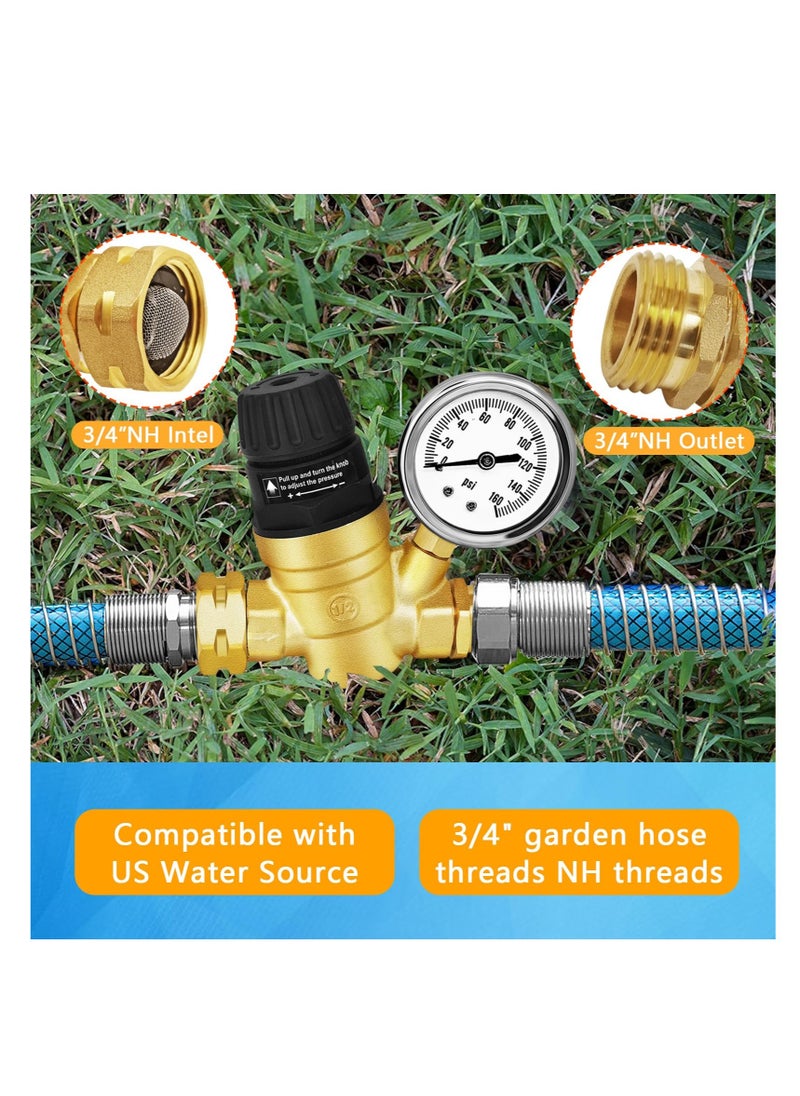 Excefore - Adjustable Handle RV Water Pressure Regulator, Upgraded Brass Lead-Free RV Water Pressure Regulator, with Gauge and 2 Inlet Screened Filters, Fit for RV Camper Travel Trailer - Image 1