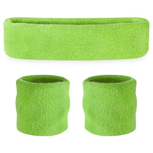 Suddora Sweatbands Set, Moisture Wicking 2 Wristbands and 1 Headband, Breathable Terry Cloth Athletic Bands for Basketball, Tennis, Yoga, Gym, Sweat Bands for Costumes and Cosplay, Neon Green - Image 1