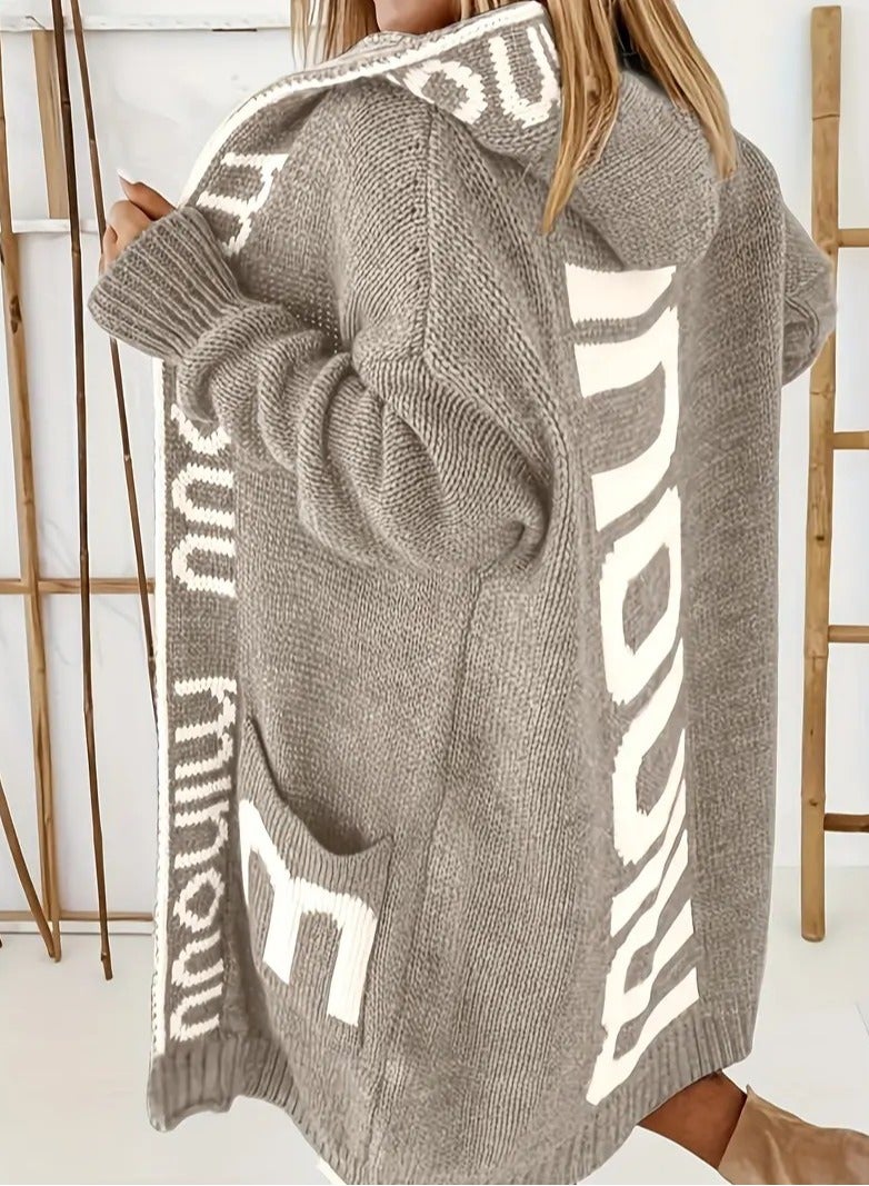 NIBEMINENT Letter Print Waterfall Collar Knit Cardigan, Casual Hooded Long Sleeve Sweater With Pockets, Women's Clothing  - Image 1