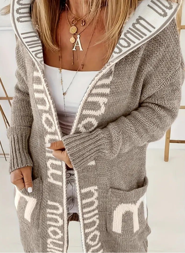 NIBEMINENT Letter Print Waterfall Collar Knit Cardigan, Casual Hooded Long Sleeve Sweater With Pockets, Women's Clothing  - Image 3