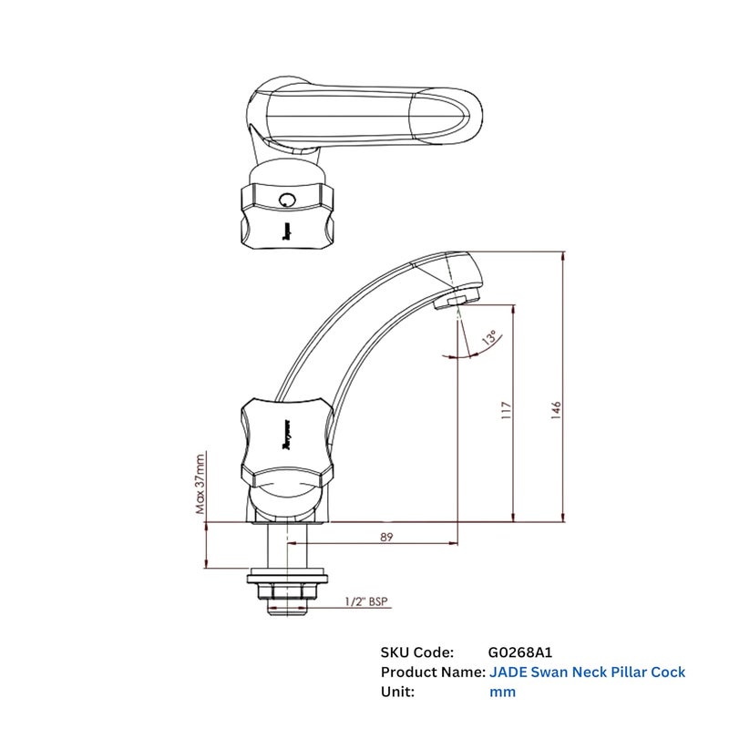 Parryware Jade Swan Neck Pillar Cock | Twin-Lever Deck Mounted | with Honeycomb Type Aerator | Chrome Finish | G0268A1 - Image 2