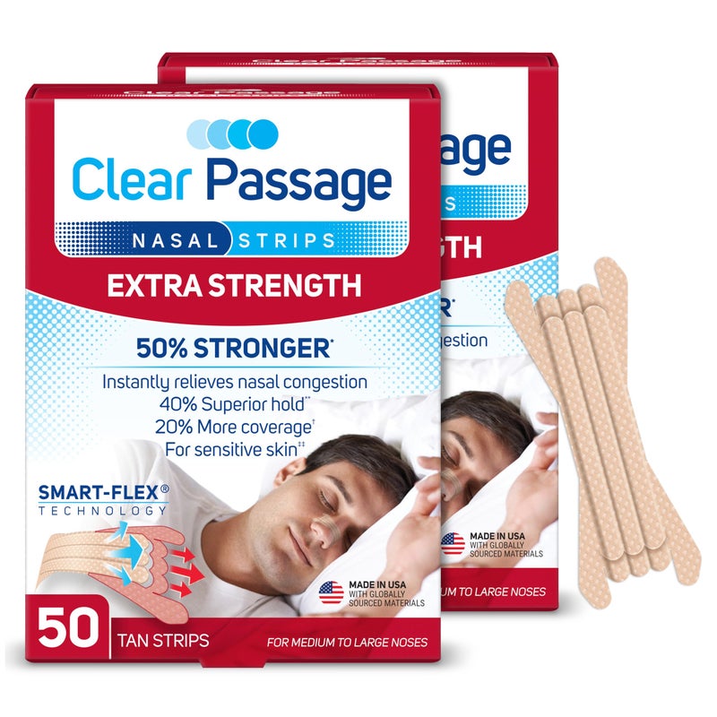 Clear Passage شرائط أنف كلير باساج قوة إضافية، تان، 100 قطعة | تعمل على تحسين النوم، تقليل الشخير، وتخفيف احتقان الأنف بسبب الزكام والحساسية - Image 1